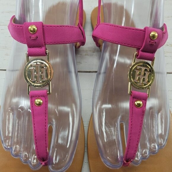 Tommy Hilfiger 8.5 Pink Faux Leather Gold Logo Thong Slingback T-Strap Sandals - Picture 5 of 9